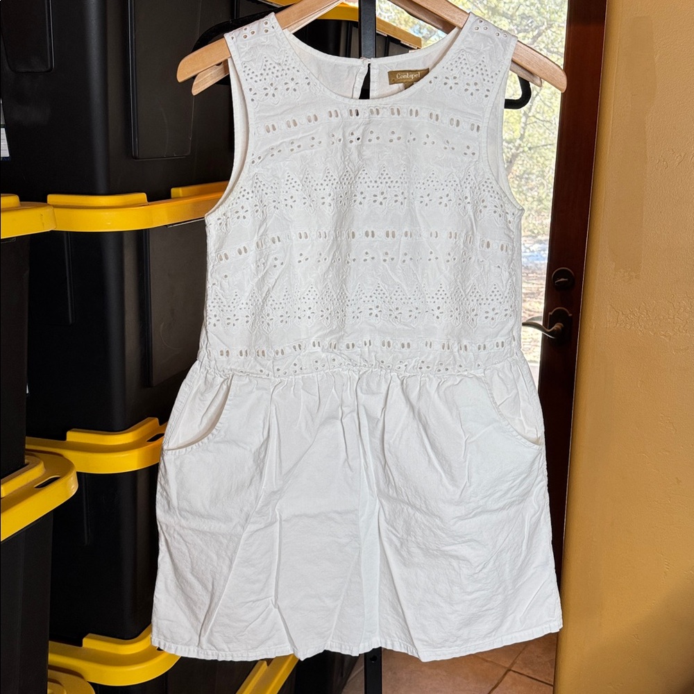 Conbipel White Eyelet Sleeveless Cotton Mini Dress Size Large (42) - Picture 2 of 9